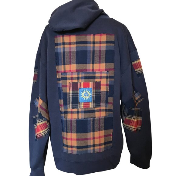Upcycled Patchwork Hoodie, L-XL: Oversized Grunge Sweatshirt, Navy Plaid Flannel - Picture 10 of 15